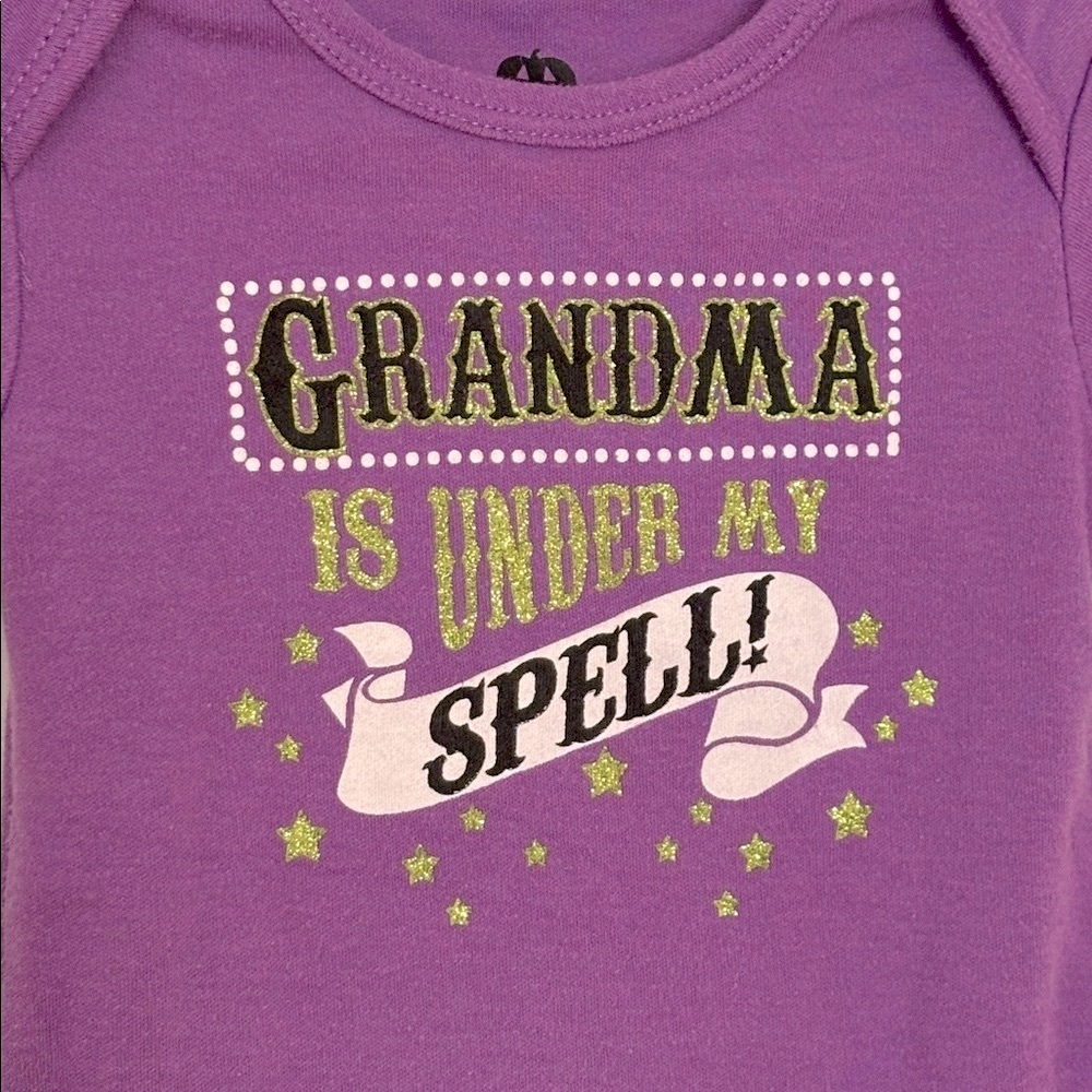 Grandma Is Under My Spell Halloween Theme Print Glitter Long Sleeve Snap Onesie